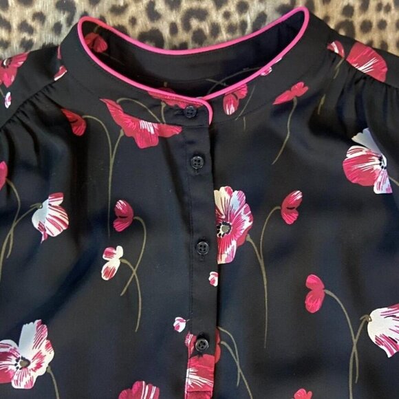BANANA REPUBLIC (Size XS) Pink Floral Half-Bottom Black Blouse - Picture 4 of 8